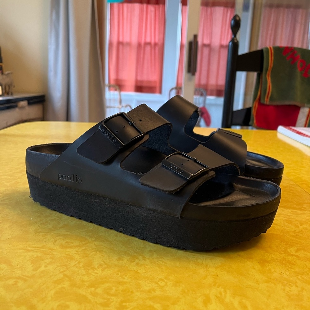 Papillio Birkenstock Black Leather Platform Sandals Size 41